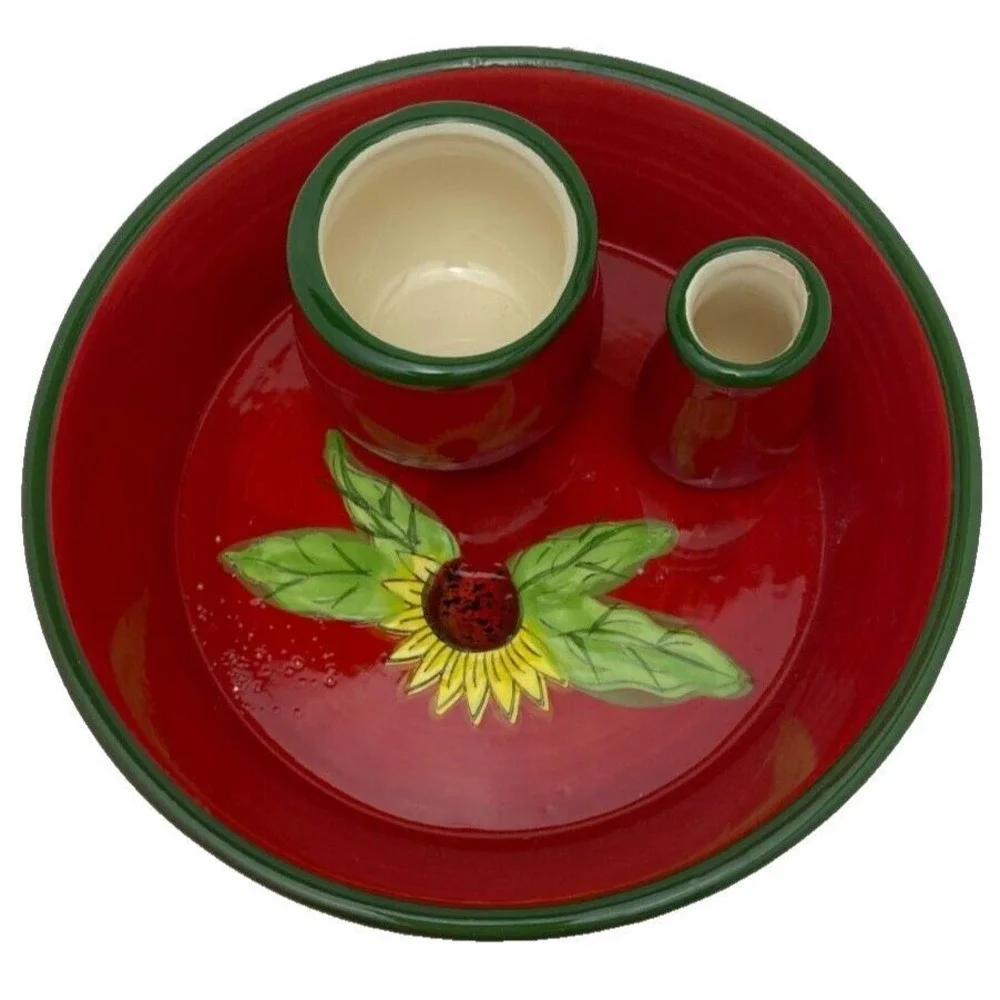 French Olive Dish‎ Red Sunflower BonCera Hand Crafted NEW